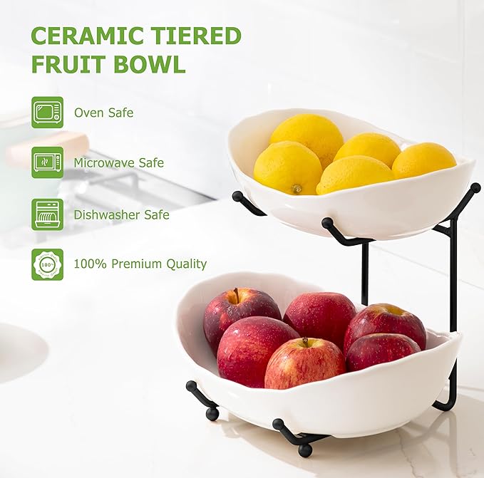 HBlife Fruit Bowl for Kitchen Counter - 2 Tier Ceramic Fruit Rack, Fruit Basket for Fresh Fruit&Veggies, Tiered Fruit Platter Serving Trays for Party-Ruum Studio Home