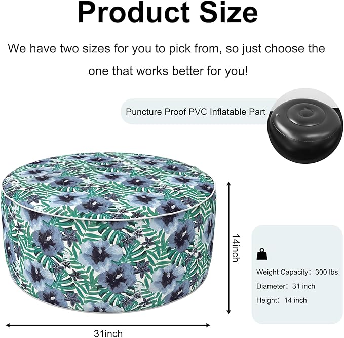 Inflatable Ottoman Stool D31 xH14 for Outdoor/Indoor Use, Water Repellent Patio Foot Rest with Portable Handle,Round Pouf Ottoman Suitable for Garden,Deck and Camping - Blue Salmone Tropical-Ruum Studio Home