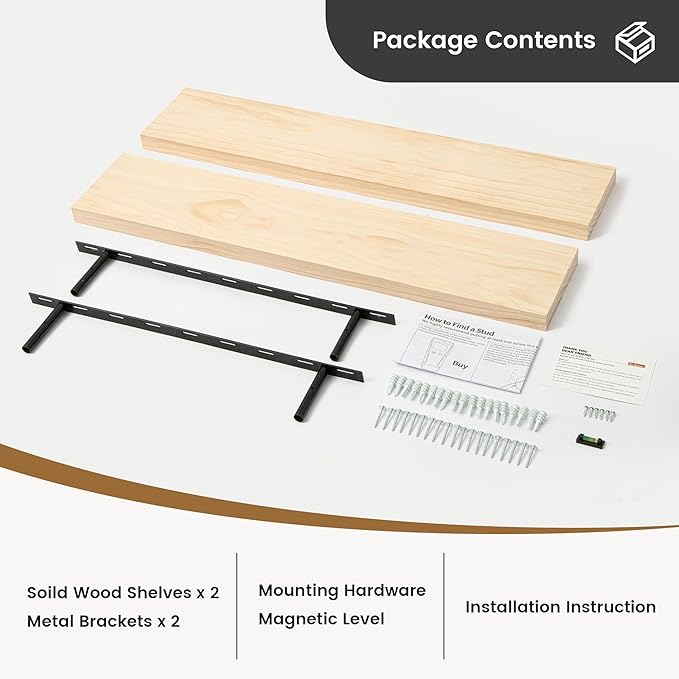 Fun Memories 36 Inch Floating Shelves for Wall, Deep Rustic Solid Pine Wood Wall Shelves for Storage - Farmhouse Wall Mounted with Heavy-Duty Metal Bracket, 36" W x 8" D, Set of 2,Unfinished-Ruum Studio Home