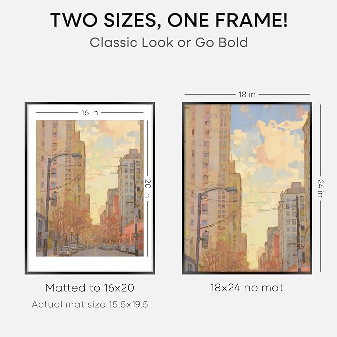 Homeforia 18x24 Poster Frame Black, High End Metal 18 x 24 Picture Frames with Mat 16 by 20 inch Photo, 18x24 Black Frame Matted to 16x20 Print, 24x18 Hanging Frame, Tempered Glass, Wall Kit, Set of 1-Ruum Studio Home
