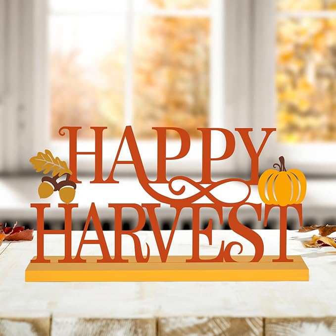 COCHIE Metal Happy Harvest Sign, Orange Fall Decorations for Home, Office, Shelf, Mantel, Indoor, Autumn Pumpkin Decoration, Hello Fall Leave Decor (Harvest)-Ruum Studio Home