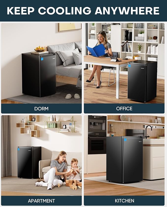 Upstreman 4.4 Cu.Ft Mini Fridge with Freezer, Single Door Mini Refrigerator for Bedroom, Extra Large Capacity, Energy-efficient, Small fridge for Office, Dorm, Kitchen, Black-BR44-Ruum Studio Home