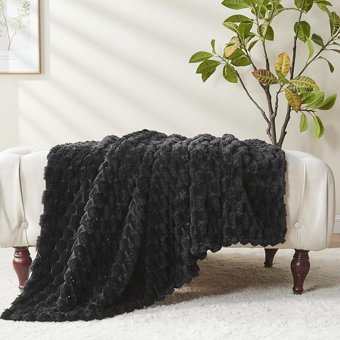 NEWCOSPLAY Super Soft Throw Blanket Black Premium Silky Flannel Fleece 3D Clouds Stylish Jacquard Lightweight Bed Blanket All Season Use 350GSM (Black, Throw(50"x60"))-Ruum Studio Home
