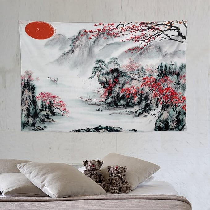Cherry Blossoms Tapestry,Japanese Red Landscape Asian Watercolor Abstract Art Tapestry, Asian Japanese Wall Tapestry, Nature Landscape Tapestries for Bedroom Living Room Decor 60"x40"-Ruum Studio Home