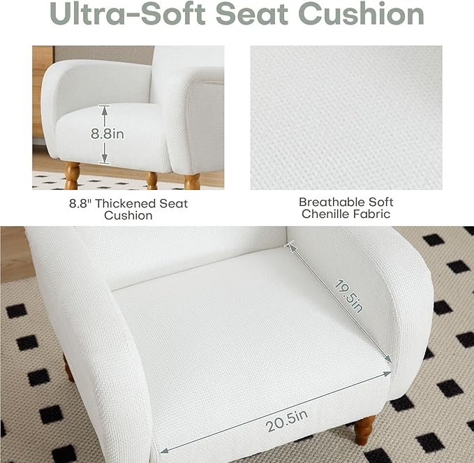 Chenille Fabric Accent Chairs Set of 2, Upholstered Armchair with Solid Wood Legs, Modern Living Room Accent Chair, Comfy Single Sofa Reading Club Chair for Bedroom Reception Lounge, White-Ruum Studio Home