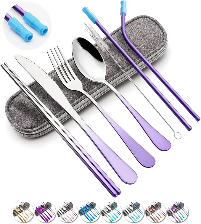 Travel Utensils Set with Case Reusable Portable Cutlery Set Stainless Steel 8pcs Including Dinner Knife Fork Spoon Chopsticks straws (Gradient Purple)-Ruum Studio Home