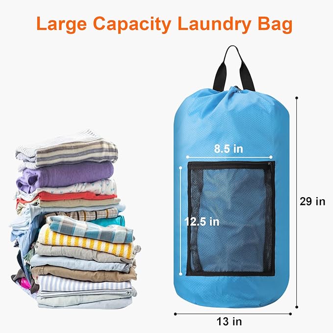 Femuar Laundry Bag Backpack Durable Laundry Bag with Shoulder Straps and Mesh Pockets Portable Laundry Dirty Clothes Hamper Bag for College Dorm (Blue)-Ruum Studio Home