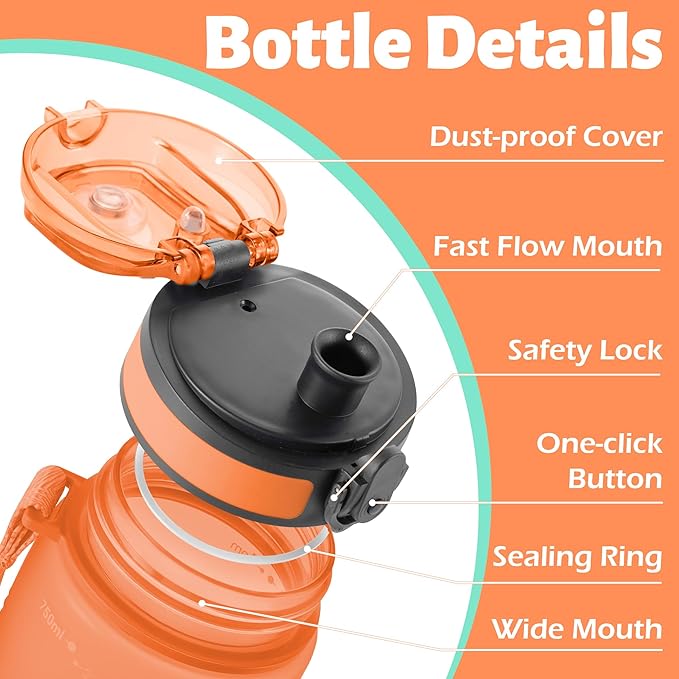 OLDLEY 25 oz Water Bottle, Motivational Water Bottle with Time Marker, Sports Water Bottle With Strap, Leakproof & BPA Free Large Water Bottles for School, Gym, Travel, Outdoor, Tritan,Orange&Green-Ruum Studio Home