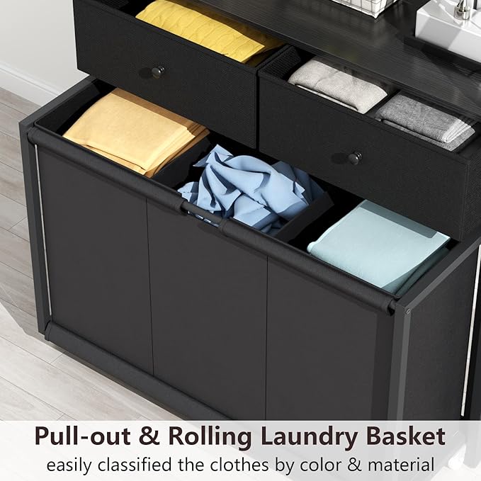 Laundry Hamper Laundry Basket with 3 Section Pull-Out Rolling Bags & 2-Tier Storage Shelf, Laundry Sorter for Organization and Storage with 2 Drawers for Laundry Room, Bathroom-Ruum Studio Home