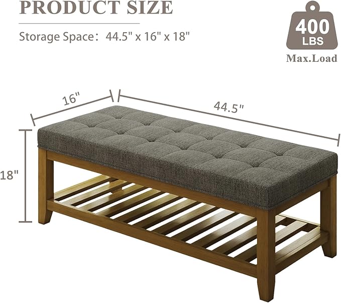 Large Rectangular Upholstered Ottoman Bench, Linen Tufted Footrest Ottoman with Solid Wood Shelf Storage Coffee Table for Bedroom Living Room, Granite-Ruum Studio Home
