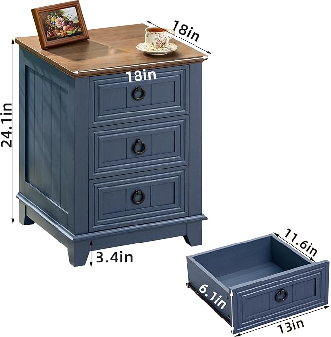 Night Stand Set of 2, Farmhouse 18" End Table with 3 Drawer Metal Handle, Dresser for Bedroom, Sofa Bed Side Table Chest of Drawers,Wood Nightstand Cabinet for Organizer, Living Room-Blue-Ruum Studio Home