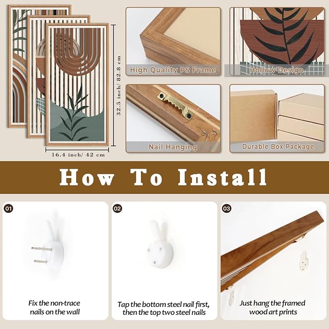 IARTTOP Large Boho Wall Art Set Of 3 Framed Mid Century Modern Wall Decor Abstract Geometric Wood Wall Art For Bedroom Living Room Office 16"x 32"-Ruum Studio Home