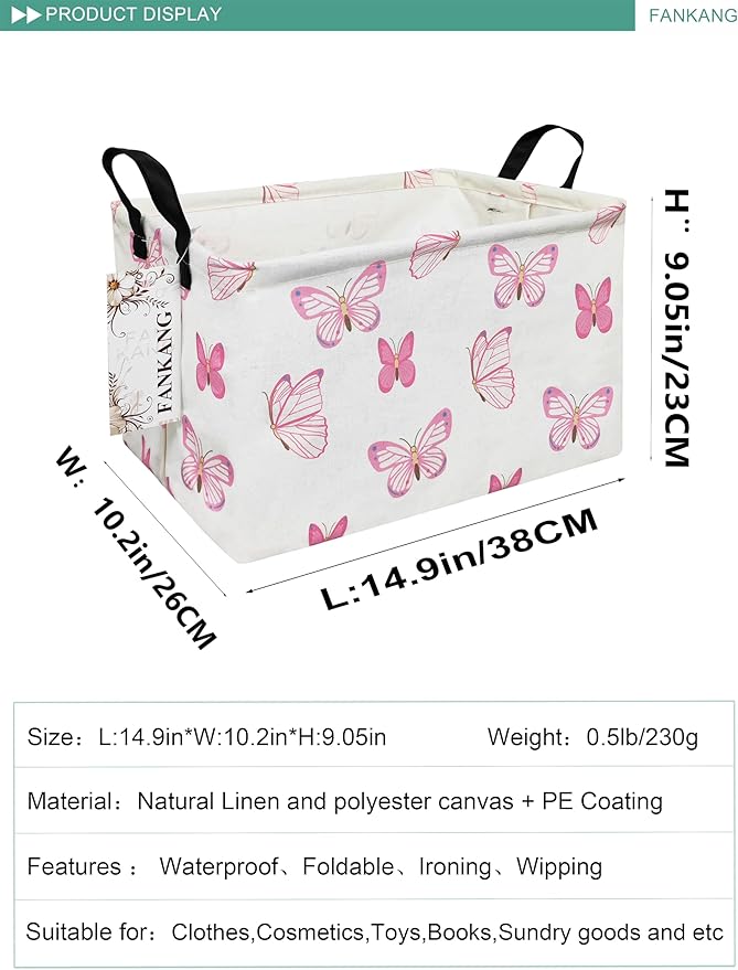 FANKANG Storage Bins, Nursery Hamper Canvas Laundry Basket Foldable with Waterproof PE Coating Large Storage Baskets for Kids Boys and Girls, Office, Bedroom, Clothes,Toys(Rec-pink butterfly-Ruum Studio Home