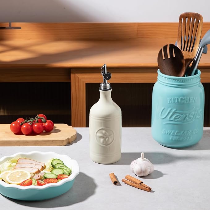 Sweejar 16 Oz Ceramic Olive Oil Dispenser Bottle, Oil Dispenser for Kitchen with Gravity Spout, Relief Opaque Oil Container for Evoo, Avocado Oil, Vinegar, Soy Sauce, 1 Pack(Beige, Silver Spout)-Ruum Studio Home
