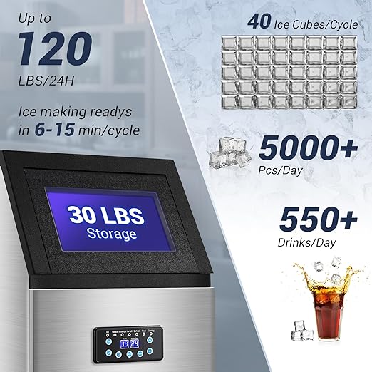Commercial Ice Maker Machine 120LBS/24H with 30LBS Storage Bin, 15" Wide Undercounter/Freestanding Ice Maker Machine for Home Bar Outdoor, 40PCS Ice Cubes Ice Machine, Self Cleaning-Ruum Studio Home