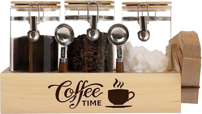 Glass Coffee Canister Set with Shelf & Spoons 3 Piece Coffee Containers for Ground Coffee Coffee Bean Storage Airtight Seal, Coffee Bar Coffee Filter Holder for Kitchen Organization-Ruum Studio Home