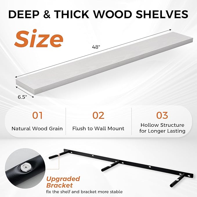 White Floating Shelves for Wall, 48 Inch Floating Shelves for Home Decor, Wall Mounted Rustic Wood Shelves, Bathroom, Hanging Deep Shelf for Bedroom, Living Room, Kitchen, 2 Packs-Ruum Studio Home