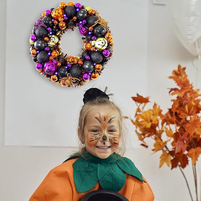 13.8 Inch Halloween Ball Wreath for Front Door with Lights, Lighted Cute Treat-or-Trick Door Wreath Ball Ornament for Halloween Indoor Decorations Centerpiece Party Holiday Wall Home Decor-Ruum Studio Home