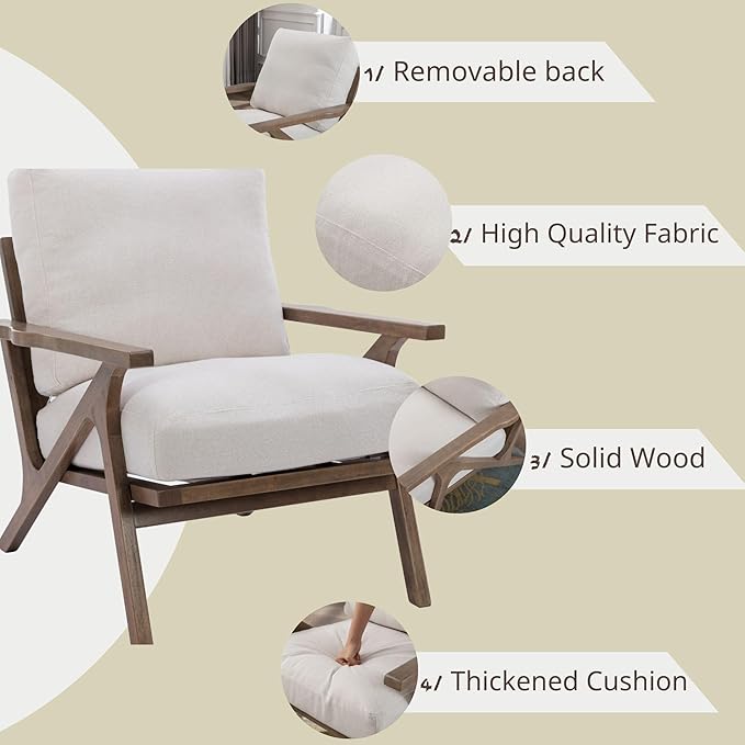 Wahson Mid Century Arm Chair and Ottoman Set, Upholstered Accent Armchair with Wood Frame and Linen Cushions, Leisure Slipper Chair for Living Room/Bedroom, Cream-Ruum Studio Home