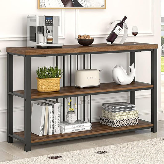 FOLUBAN Console Table for Entryway, Narrow Sofa Table with 3 Tier Storage Shelf for Living Room Hallway Behind Couch, Rustic Walnut-Ruum Studio Home