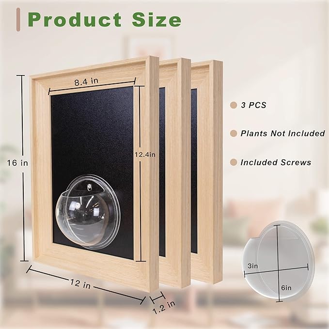 Natural Wooden Frame Wall Hanging Planter for Hydroponic Plants, 12'' x16''inch Wall Vase with Round Acrylic Propagation Station，Bathroom, Office, or Living Room Décor, Set of 3-Ruum Studio Home