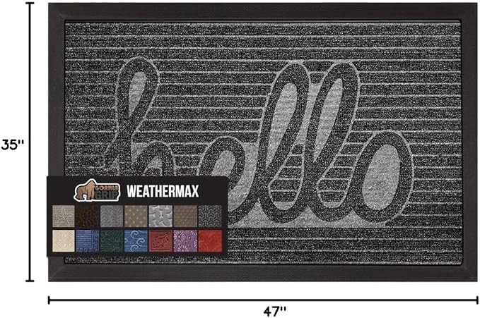 GORILLA GRIP 100% Waterproof All-Season WeatherMax Doormat, 47x35, US Designed Natural Rubber, Stain and Fade Resistant, Low Profile Indoor Outdoor Door Mats, Easy Clean Patio Mat, Charcoal Hello-Ruum Studio Home