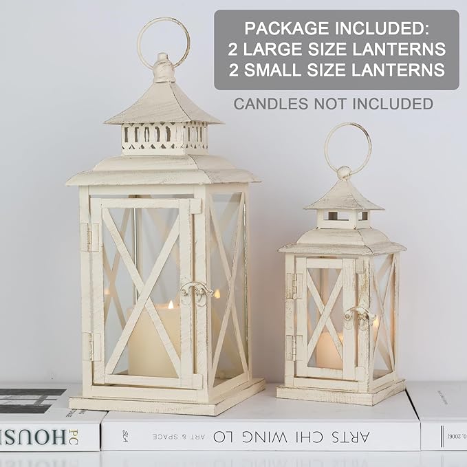 NEEDOMO Lanterns Decorative Outdoor&Indoor, Set of 4 (14"&10") Beige Metal Lantern Decor with Glass, Candle Holder for Porch, Patio, Garden, Balcony, Wedding, Table Centerpiece-Ruum Studio Home