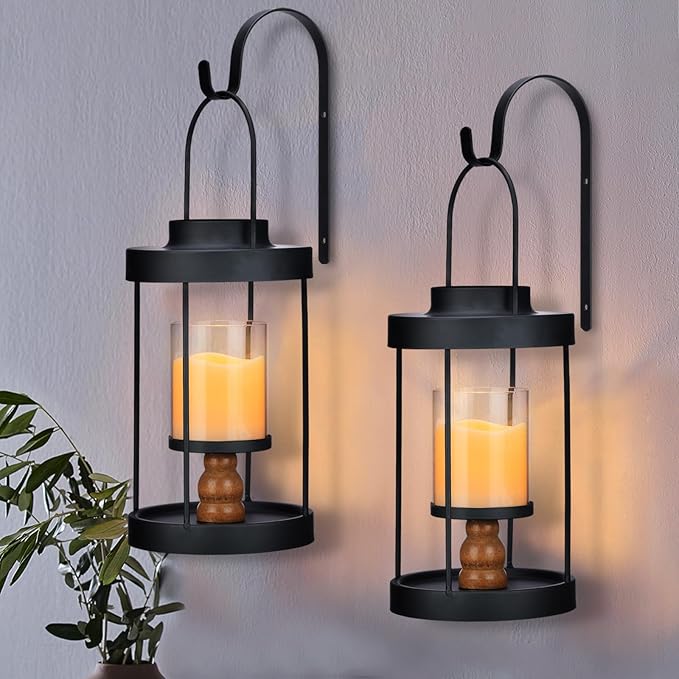 Metal Wall Sconce Candle Lantern Set of 2 - Black Wall Mounted Wood and Metal Hanging Holder with Glass & Candles Vintage Wall Decor for Porch, Living Room, Dining Room, Bedroom Indoor Decor-Ruum Studio Home