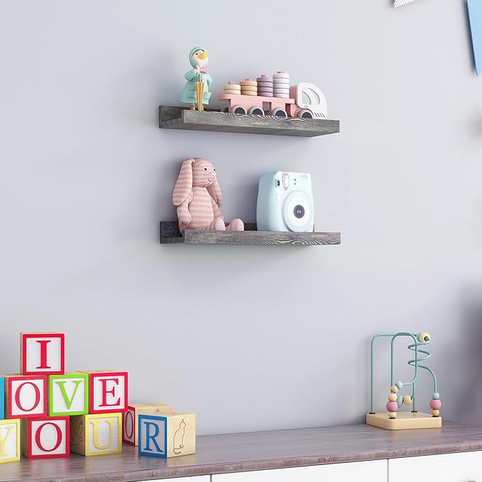 Picture Ledge Wall Shelves 16 inch Width Set of 2, Solid Pine Wood Rustic Floating Ledge Shelves for Wall for Kids' Room Bedroom Kitchen Bathroom Living Room Nursery Display Wall Decor, Grey-Ruum Studio Home