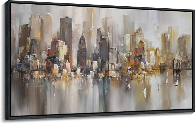 New York City Wall Art -Framed Modern Abstract Wall Art for Living Room, Office & Bedroom Cityscape & Paintings for Bedroom brooklyn bridge Pictures Wall Decor Chicago Artwork for Walls 20×40IN-Ruum Studio Home