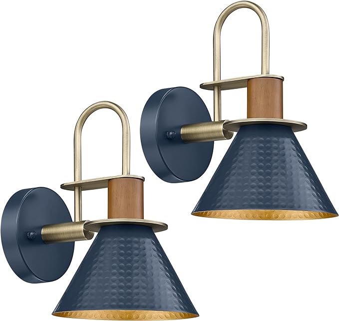 Industrial Wall Sconces Set of Two, HWH Indoor Wall Sconce 1-Light Barn Vanity Light, Gooseneck Wall Lamp for Bathroom Bedroom Bedside Kitchen, Hammered Metal Shade, Navy Blue Finish, 5HZG74B-2 BL+BG-Ruum Studio Home