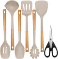 QMVESS Silicone Cooking Utensils Set, Kitchen Utensils Set 7 Pcs with Long Wooden Handle, Food Grade and Heat Resistant Large Silicone Spatula Set for Nonstick Cookware, BPA Free（Khaki）-Ruum Studio Home
