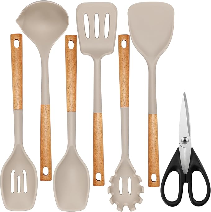 QMVESS Silicone Cooking Utensils Set, Kitchen Utensils Set 7 Pcs with Long Wooden Handle, Food Grade and Heat Resistant Large Silicone Spatula Set for Nonstick Cookware, BPA Free（Khaki）-Ruum Studio Home