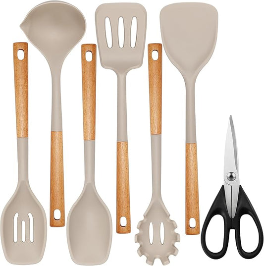 QMVESS Silicone Cooking Utensils Set, Kitchen Utensils Set 7 Pcs with Long Wooden Handle, Food Grade and Heat Resistant Large Silicone Spatula Set for Nonstick Cookware, BPA Free（Khaki）-Ruum Studio Home