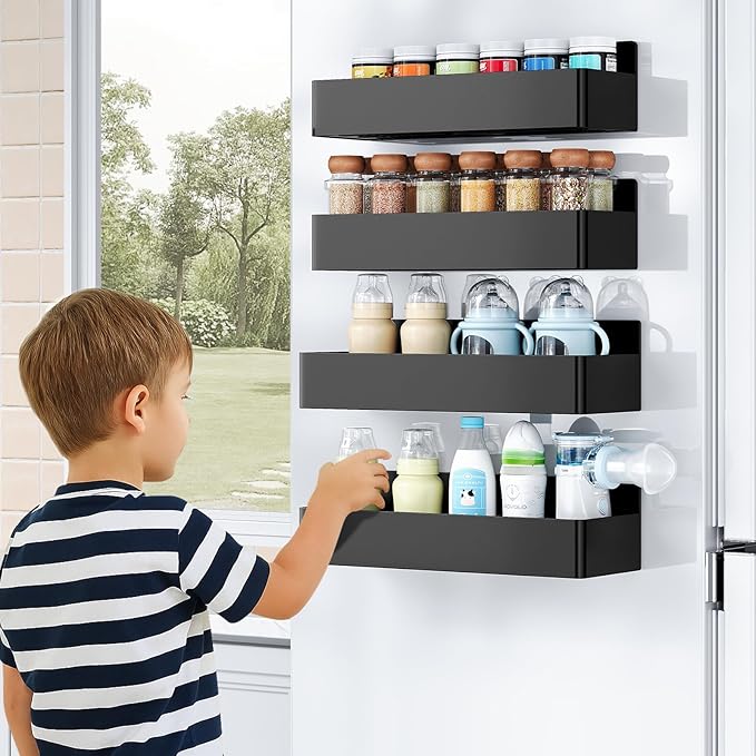 Magnetic Spice Rack for Refrigerator, Kitchen Organizer and Storage Shelf, Black (4 Pack)…-Ruum Studio Home