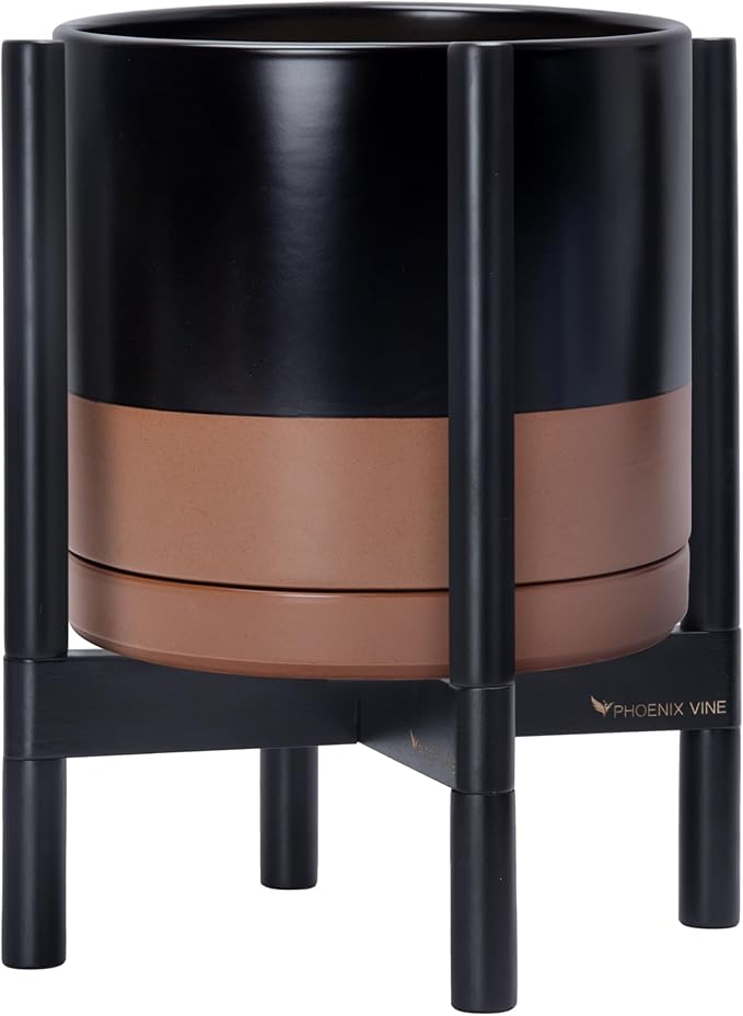 D'vine Dev Ceramic Planter with Ebony Stand - 12 Inch Modern Round Flower Pot with Wood Planter Holder, Black/Speckled Tan, 55-B-H-7-Ruum Studio Home