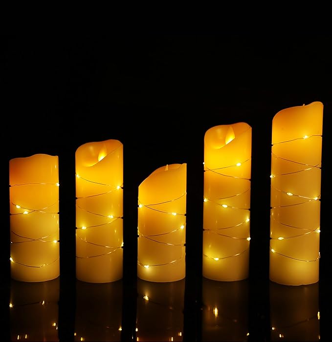 danip flameless Candle, with Embedded String Lights, 5-Piece LED Candles, with 10-Key Remote Control, 24-Hour Timer Function, Dancing Flame, Real Wax, Battery-Powered. (Ivory White)-Ruum Studio Home