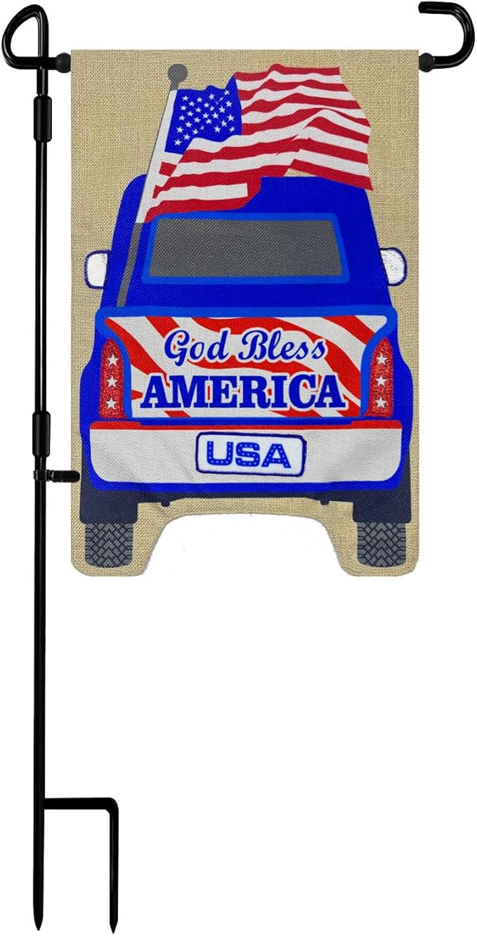 TOPFLAGS Garden Flag Stand with American Garden Flags God Bless America and Car Yard Flag 12x18 Inch Holder Pole Stake Double Side for Outside with Clips and Stopper for Memorial Day 4 th of July-Ruum Studio Home
