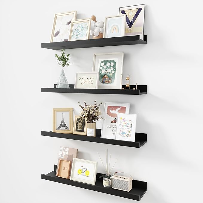 Picture Ledge Shelf, Wood Floating Shelves Set of 4, 24 inch Picture Ledge Shelves, Photo Ledge Nursery Book Shelves Wall Mounted for Living Room Kids' Room Bedroom, Color Black-Ruum Studio Home