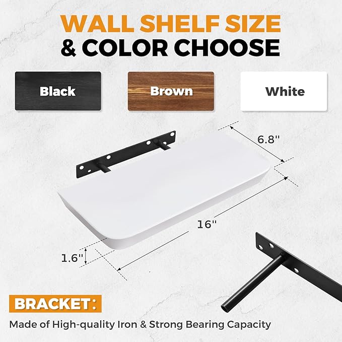 16"x6.8"x1.6" Slanted Floating Wall Shelves 2-Pack - Rustic White Finish, Heavy-Duty Solid Wood Design with Hidden Brackets - Perfect for Living Room, Kitchen, Bathroom, or Office-Ruum Studio Home