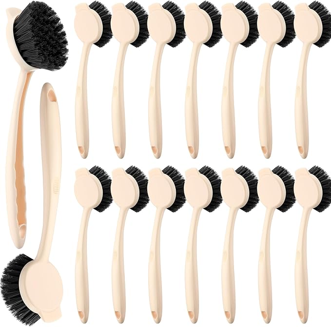 16 Pack Dish Brush with Handle Dish Scrubber Brush with Built-in Scraper Kitchen Scrub with Stiff Bristles Long Scrubber for Home Restaurant Pot Sink Washing Cleaning Supplies, Beige-Ruum Studio Home