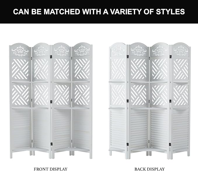 Room Divider with Shelves, 68.9inch Wood Carved and Louvered Wall Divider Freestanding, 4 Panels Folding Partition Screen for Bedroom Home Office (White)-Ruum Studio Home