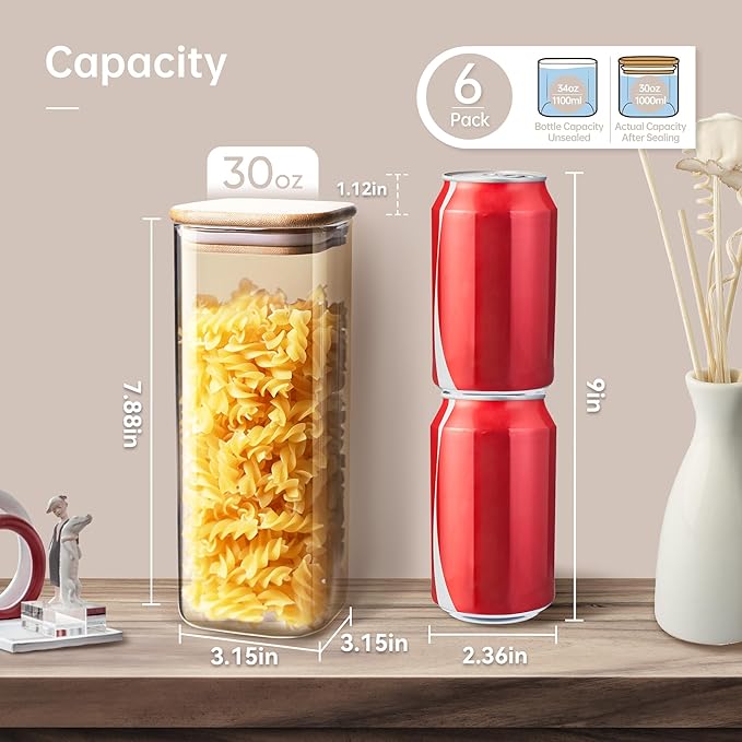 Square Glass Jars with Bamboo Lids 30 FL OZ [Set of 6], Glass Canisters with Airtight Lid, Glass Food Storage Container for Pasta, Flour, Sugar, Rice, Best for Kitchen & Pantry-Ruum Studio Home