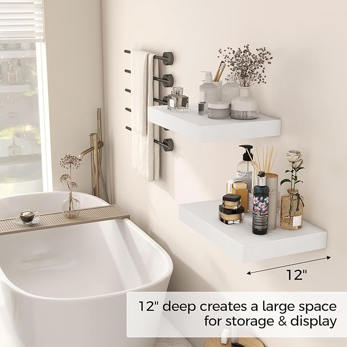 12 Inch Deep White Floating Shelves, 16 x 12 Floating Shelf for Books, Rustic Wood Deep Wall Shelves for Home Storage & Display, 2" Thicked Shelves for Kitchen, Living Room, Bedroom, 2 Pack-Ruum Studio Home