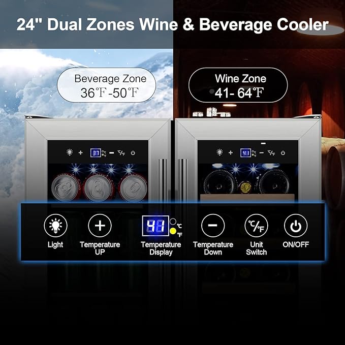 Tylza Wine and Beverage Refrigerator 24 Inch Dual Zone, French Door Wine and Beverage Cooler 24'' Built-In or Freestanding Drink Fridge, Under Counter Beer Refrigerator-Ruum Studio Home