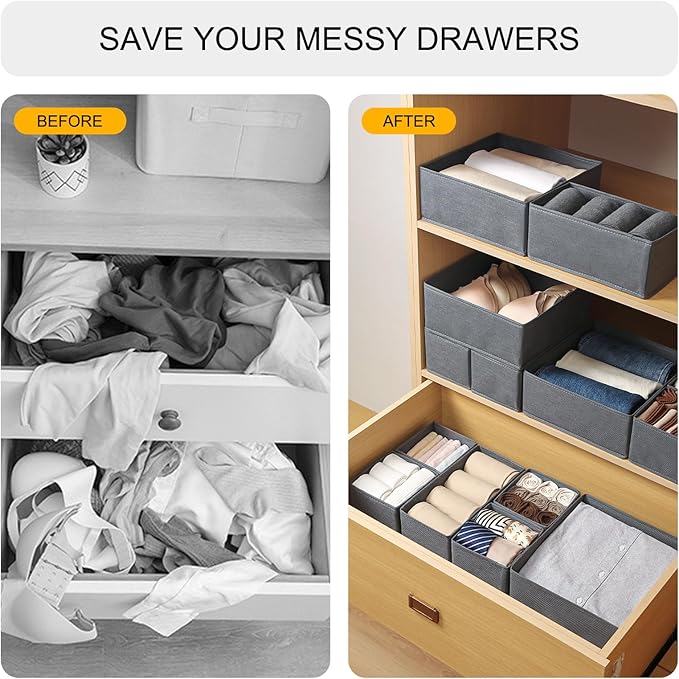 6 Pack Drawer Organizers for Clothing,Fabric Foldable Closet Organizers and Storage Dresser Drawer Dividers Storage Basket Bins for Clothes,Socks,Scarves,Ties,Underwear,Towels-Ruum Studio Home
