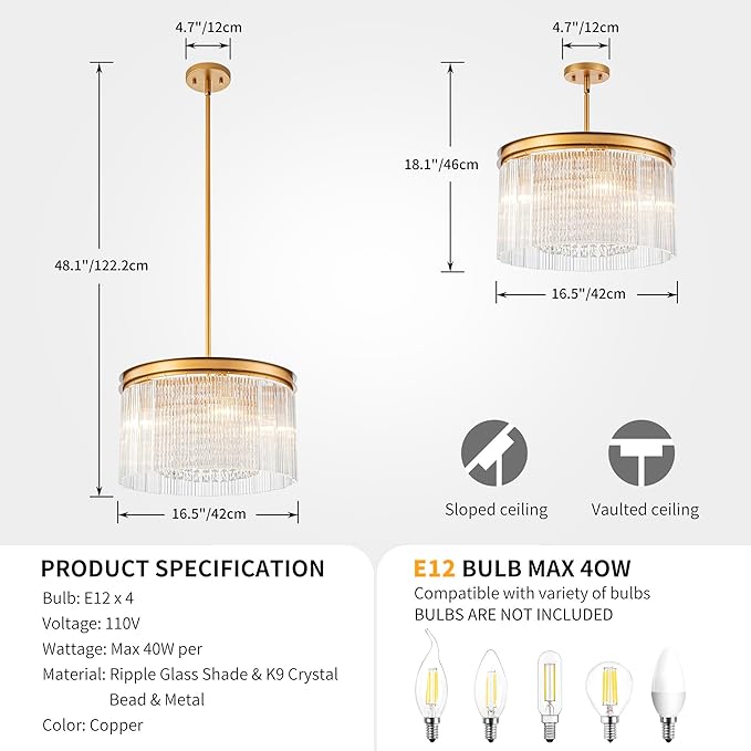 4-Lights Drum Glass Chandelier, Modern Style Light Fixture for Dining Room, Bedroom, Ripple Glass Shade & Brass Finish, D16.5 * H18~48 inch (Adjustable Height)-Ruum Studio Home
