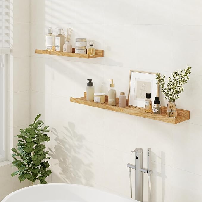 Floating Picture Ledge Shelves 36 Inch Solid Oak Wood Set of 2, Rustic Wall Storage Shelves with Lip, Kids Bookshelf, Photo & Picture Ledge Shelves for Bedroom, Living Room, Kitchen-Ruum Studio Home