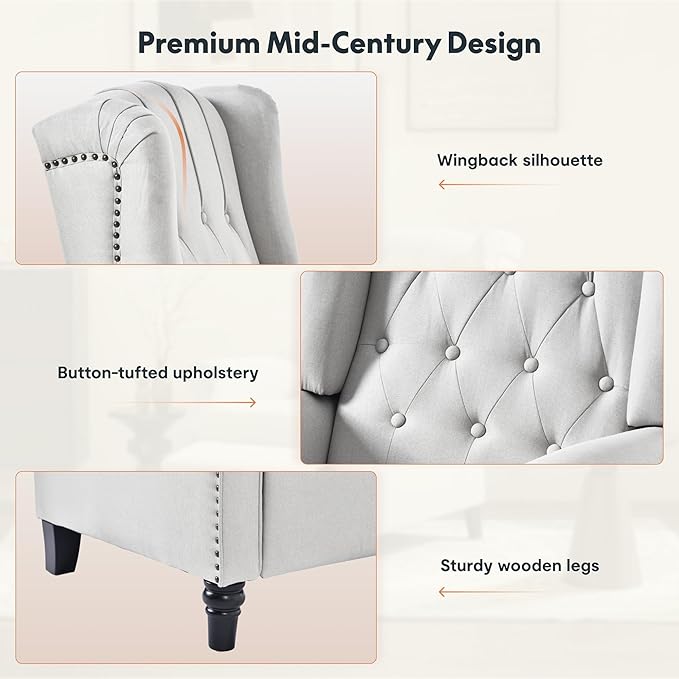 Softa Recliner Chair for Adults, Mid Century Wingback Pushback Accent Chair with Rivet Decoration, Tufted Upholstered Single Sofa Armchair for Living Room, Bedroom, Study (Fabric, Cream)-Ruum Studio Home