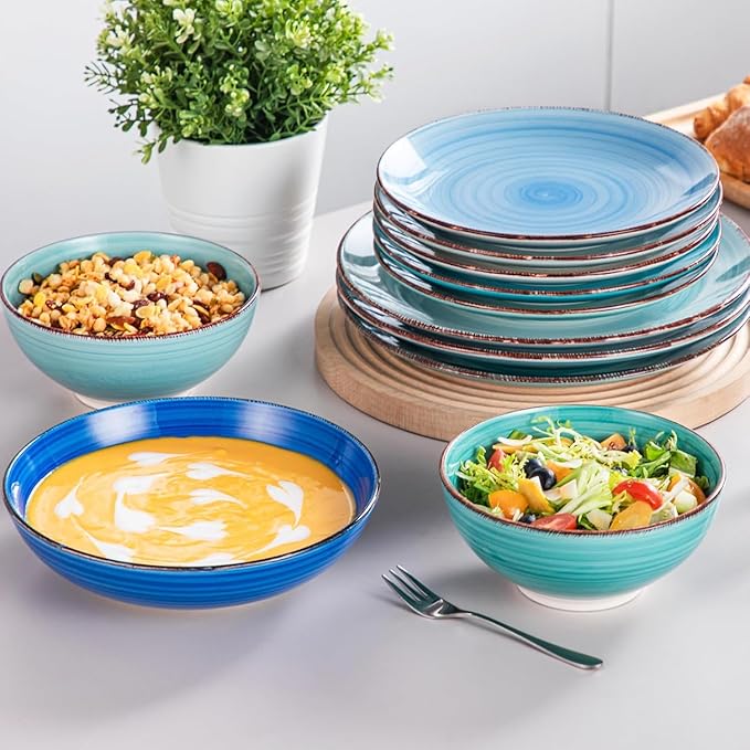 vancasso Bonita Dinnerware Set 24 Pieces Blue Stoneware Service for 6, Handpainted Spirals Pattern Stoneware Combination Set-Ruum Studio Home